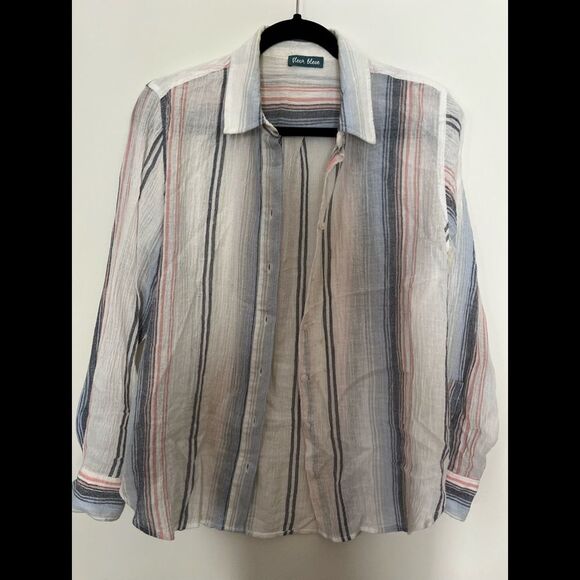 Fleur Bleve white w/pastel multicolored stripes button down long sleeve, M - Picture 1 of 9